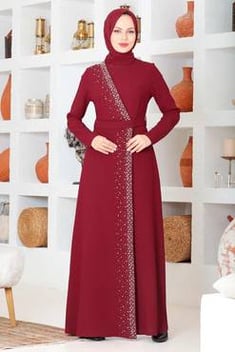 Women's Beaded Claret Red Modest Evening Dress