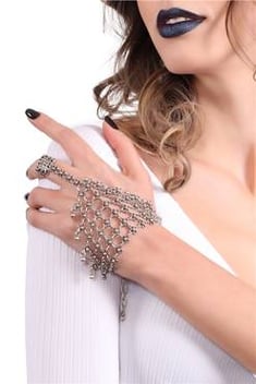 Women's Antique Silver Plated Adjustable Ring Detail Hand Bracelet