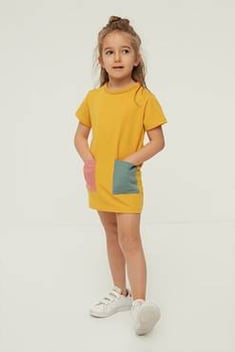 Sarı Cepli Kız Çocuk Örme Elbise