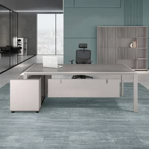 طقم مكتب مقاس 220سم مع سكرتارية مع دولاب 4 درفة مع طاولة شاهي مقاس 60*60سم لون رصاصي