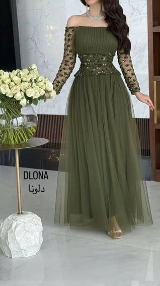 فستان تل مع ترتر زيتي