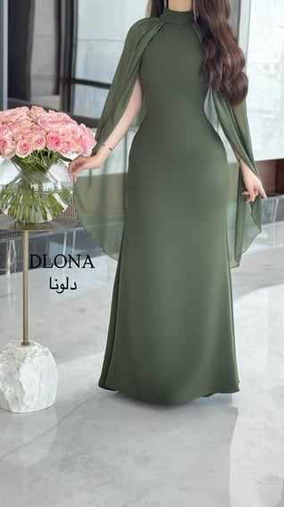 فستان كريب مع شيفون زيتي