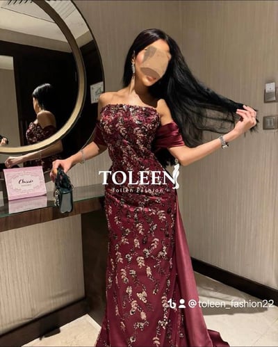 فستان سهرة طويل سواريه مطرز نبيتي اوف شولدر مع ذيل طويل | فستان منار
