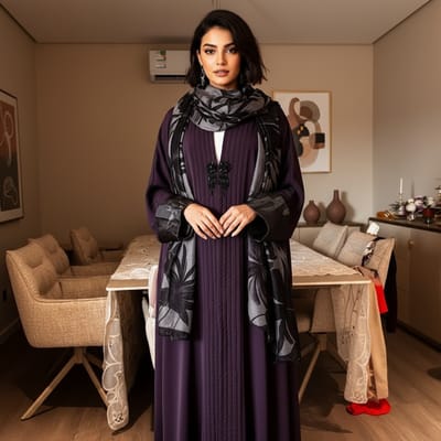 عباية بليسيه ملكي باللون البنفسجي مع طرحة مدمجة وأكمام منقوشة