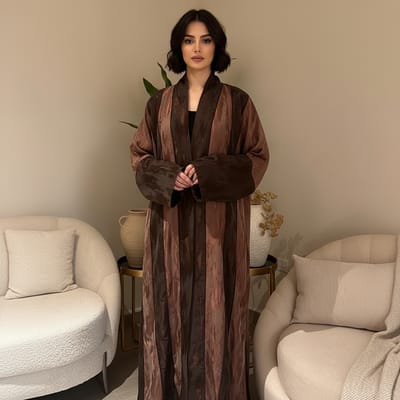 عباية ملكية من قماش الكريب بتدرجات البمبي مع نقشة رخامية