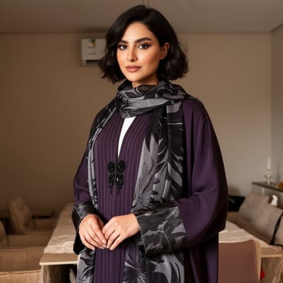 عباية بليسيه ملكي باللون البنفسجي مع طرحة مدمجة وأكمام منقوشة
