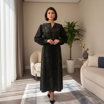 كارديغان كلاسيكي منقوش باللون الأسود والزيتي لإطلالة راقية