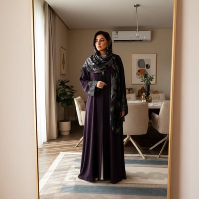 عباية بليسيه ملكي باللون البنفسجي مع طرحة مدمجة وأكمام منقوشة