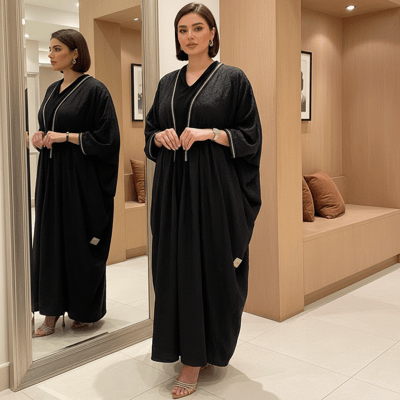 عباية بشت أسود مع لولو بيج على الأمام والأكمام