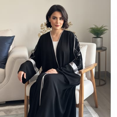 عباية راقية بأكمام واسعة وتفاصيل  أبيض وأسود