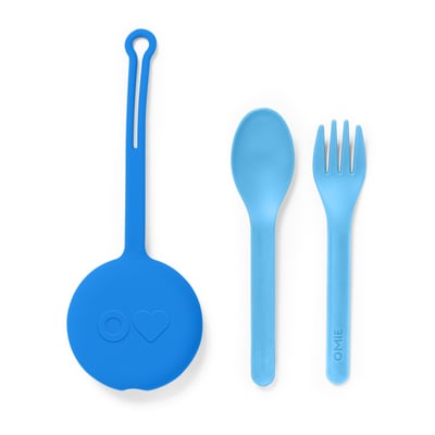 حاملة أدوات الطعام + ملعقة وشوكة- أومي بوكس- أزرق