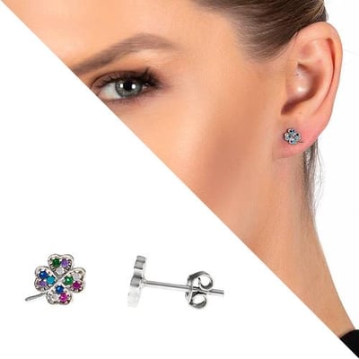 أقراط أذن فضة عيار 925 بتصميم زهرة وفصوص زركون نسائية