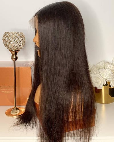 باروكة شعر طبيعي جذور أمامية فروة دانتيل لون بني غامق طول 20 انش استريت كثافة 180% 