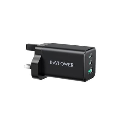 شاحن جداري RAVPower بايونير 65 واط منفذين USB-C ومنفذ USB-A - اسود