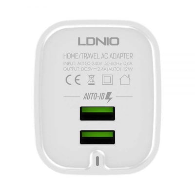فيش منزلي بمدخلين USB بقوة 12W من Ldnio