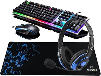 مجموعة 4 في 1 من داتازون لألعاب الكمبيوتر لوحة مفاتيح &amp; ماوس &amp; ماوس باد&amp; سماعة راس, إضاءة خلفية سلكية LED RGB لمستخدمي ألعاب الكمبيوتر, أزرق