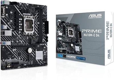 ASUS Prime Intel H610 (LGA 1700) mic-ATX motherboard with DDR4, PCIe 4.0, dual M.2 slots, Realtek 1 Gb Ethernet, DisplayPort, HDMI, D-Sub, SATA 6 Gbps, RGB header
