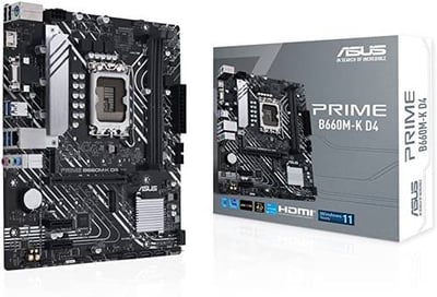 ASUS Prime Intel B660 (LGA 1700) mATX motherboard with PCIe 4.0, two M.2 slots, DDR4, HDMI, D-Sub, Realtek 1Gb Ethernet, front USB 3.2 Gen 1, ASUS Lighting Control