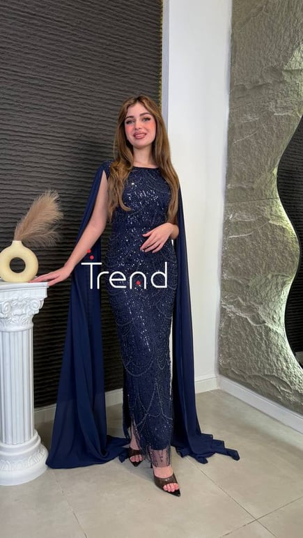 فستان سهره شك يدوي بأكمام طويله (كحلي)