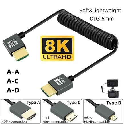 كابل HDMI بدقة 8K UHD عالي السرعة سلك ملفوف ميني ومايكرو للكاميرا والشاشات