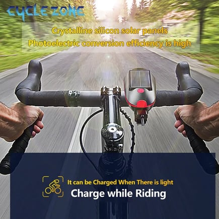مصباح دراجة هوائية أمامي شحن شمسي مع بوق كهربائي ومستلزمات إضاءة لدراجات MTB والطرقات الجبلية