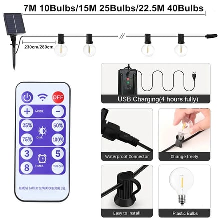 Solar Outdoor String Lights G40 Patio Lights,USB Recharger, 8 Light Modes ,Shatterproof Bulbs , Weatherproof Hanging Light