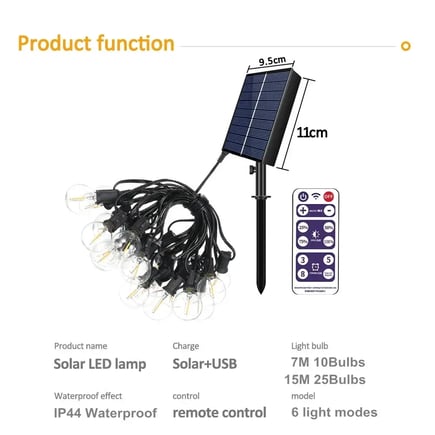 Solar Outdoor String Lights G40 Patio Lights,USB Recharger, 8 Light Modes ,Shatterproof Bulbs , Weatherproof Hanging Light