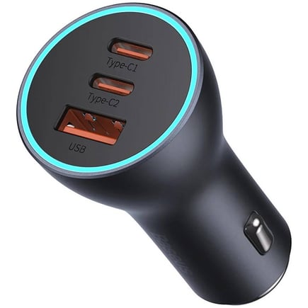 بيسوس - شاحن سيارة Golden Contactor Pro بقوة 65W بمنفذين USB-C ومنفذ USB-A - رمادي