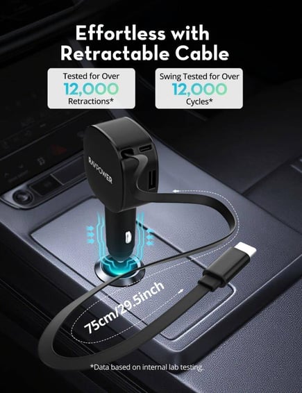 راف باور - شاحن سيارة بقوة 75W بمنفذ USB-C ومنفذ USB-A مع كيبل مدمج USB-C قابل للسحب - اسود