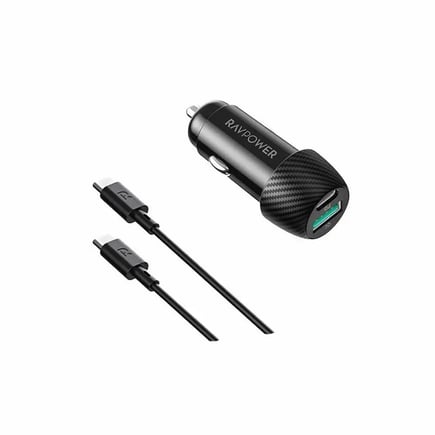 راف باور - بكج شاحن السيارة PD Pioneer بقوة 49W مع كيبل USB-C to USB-C - اسود