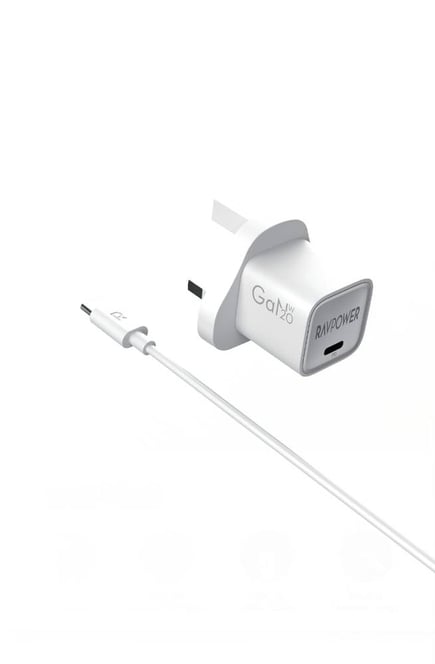 راف باور - كومبو 2in1 شاحن جداري بقوة 20W مع كيبل USB-C to USB-C 1m - ابيض