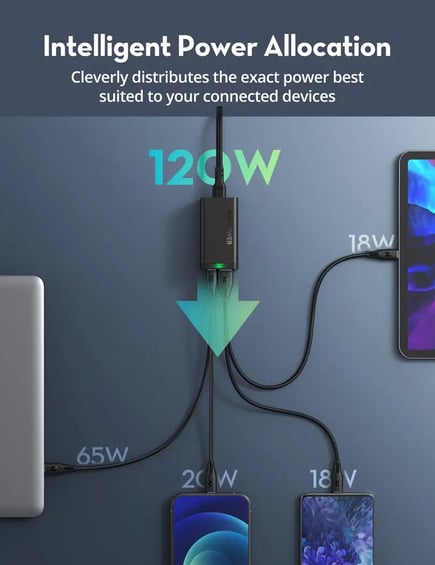 راف باور - منصة شحن مكتبية بقوة PD 120W بمنفذين USB-C ومنفذين USB-A - اسود