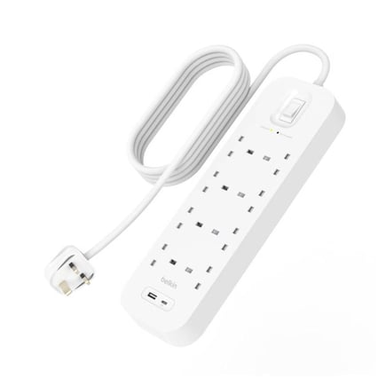 بيلكن - توصيلة Connect بعدد 8 منافذ طاقة ومنفذ USB-C و منفذ USB-A وكيبل بطول 2 متر - ابيض 