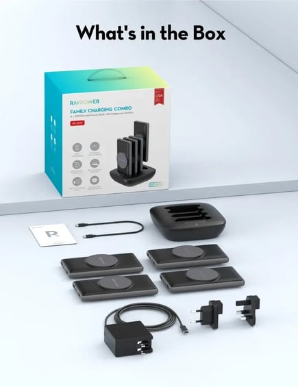 راف باور - منصة شحن 4 بطاريات بسعة 10000mAh بشحن وايرلس يدعم الماق سيف و منفذين USB-A ومنفذ تايب سي ومنفذ مايكرو - اسود