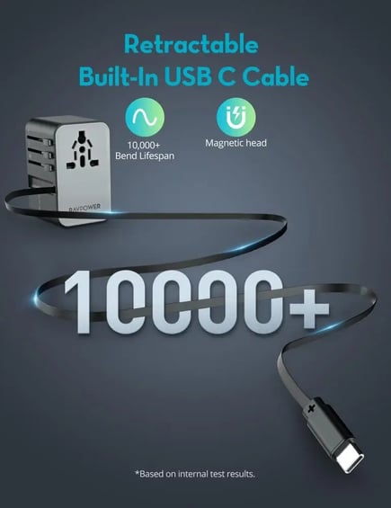راف باور - شاحن جداري عالمي 6in1 بقوة PD 35W بمنفذين USB-C ومنفذين USB-A منفذ AC وكيبل USB-C مدمج - اسود