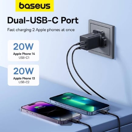 بيسوس - شاحن جداري GaN5 Pro بمنفذين USB-C بقوة 40W - اسود