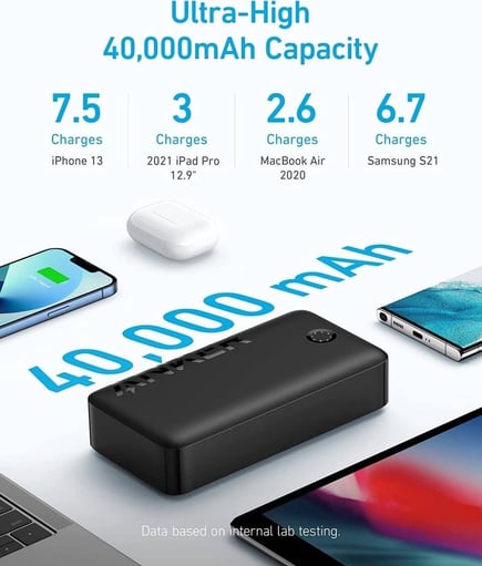 انكر - بطارية PowerCore بسعة 40000mAh وقوة 30واط بمنفذين USB-C ومنفذين USB-A - اسود