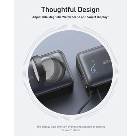 انكر - بطارية MagGo بسعة 10,000mAh بقوة 35W تدعم شحن ساعة ابل مع كيبل مدمج Type-C ومنفذ USB-C - اسود