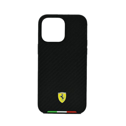 فيراري - غلاف Carbon Effect Case With Italian Flag Line للآيفون 14بروماكس - اسود