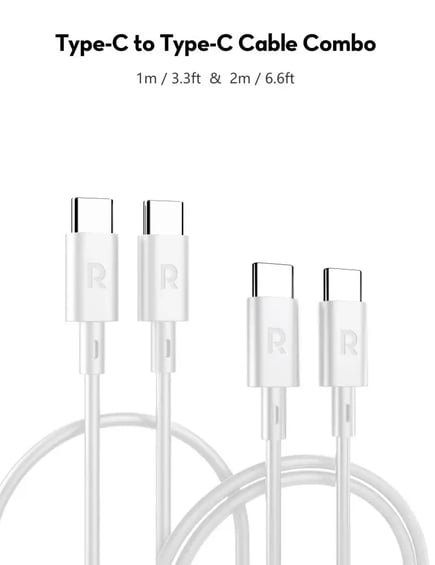 راف باور - بكج كيابل 2in1 Type-C to Type-C بطول 1m و 2m بقوة 60W - ابيض
