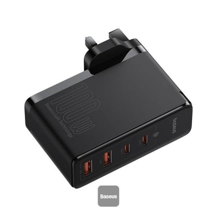 بيسوس - شاحن جداري GaN5 Pro بمنفذين USB-C ومنفذين USB-A بقوة 100W مع كيبل USB-C to C - اسود
