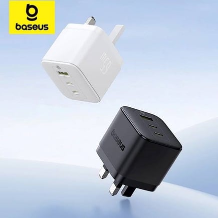 بيسوس - شاحن جداري Palm بمنفذين USB-C ومنفذ USB-A بقوة 65W - اسود