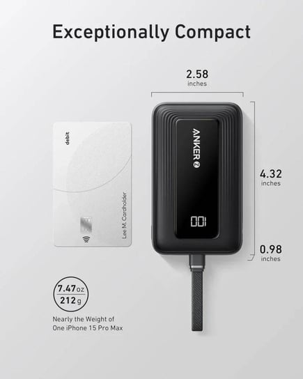 انكر - بطارية Zolo بسعة 10,000mAh بقوة 30W ومنفذين USB-A و USB-C مع كيبل USB-C مدمج - اسود