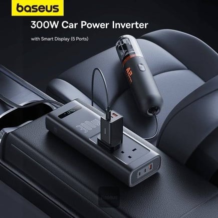 بيسوس - توصيلة سيارة Power Inverter عبر الولاعة او بطارية السيارة بقوة 300W و220V بمنفذين USB-C ومنفذ USB-A ومنفذين طاقة - اسود