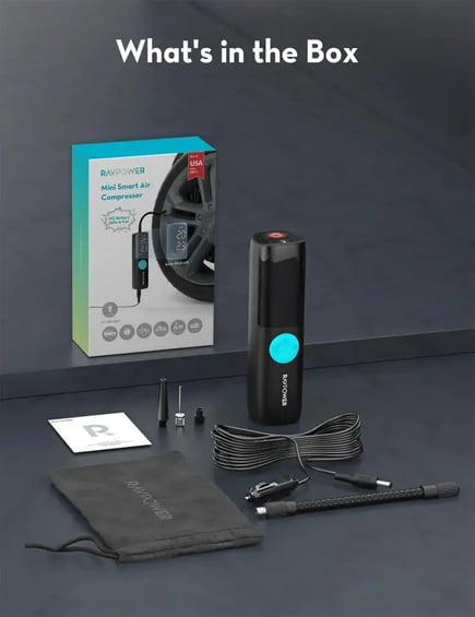 راف باور - منفاخ الهواء Mini Smart Air Compressor  بدون بطارية بقوة 60W وإخراج 12-16 فولت بسرعة 25 لتر في الدقيقة بشاشة LED رقمية - اسود