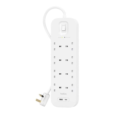 بيلكن - توصيلة Connect بعدد 8 منافذ طاقة ومنفذ USB-C و منفذ USB-A وكيبل بطول 2 متر - ابيض 