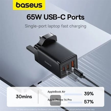 بيسوس - شاحن جداري GaN5 Pro  بقوة 65W بمنفذين USB-C ومنفذ USB-A وكيبل USB-C to C - اسود