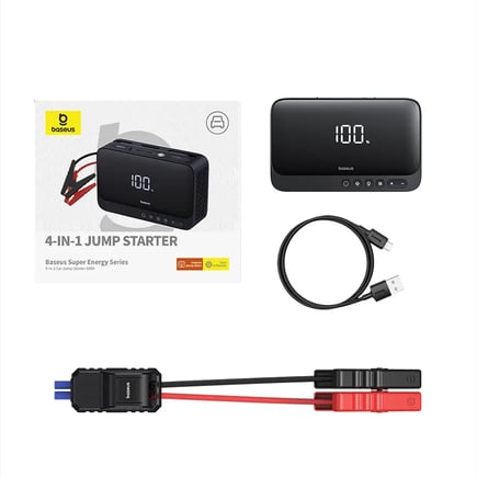 بيسوس -  مشغل السيارة Super Energy 4-in-1 ( مشغل سيارة + منفاخ الهواء + شحن الأجهزة المحمولة + اضاءة LED ) بقوة 600 امبير - اسود