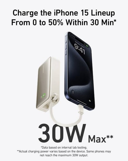انكر - بطارية Anker Nano بسعة 10,000mAh وقوة 30W بمنفذ USB-C ومنفذ USB-A مع كيبل USB-C مدمج - ابيض