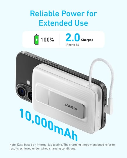 انكر - بطارية Anker بسعة 10000mAh مع كيبل مدمج USB-C بقوة شحن 30W وشحن لاسلكي7.5W تدعم الماق سيف - ابيض
